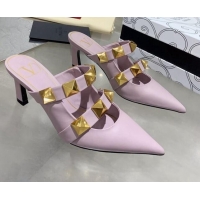 Charming Valentino Roman Stud Calfskin Heel Mules with Sculpted Strap 061580 Purple