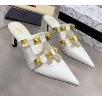 Low Price Valentino Roman Stud Calfskin Heel Mules with Sculpted Strap 061580 White