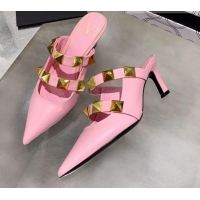 Best Quality Valentino Roman Stud Calfskin Heel Mules with Sculpted Strap 061580 Light Pink