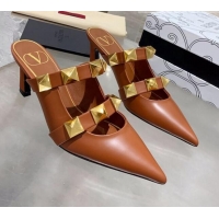 Good Product Valentino Roman Stud Calfskin Heel Mules with Sculpted Strap 061580 Brown