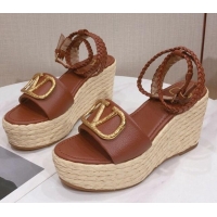 Top Design Valentino VLogo Calfskin Wedge Sandals 061589 Brown 2021