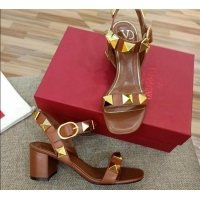 Low Cost Valentino Rockstud Mid-Heel Sandals 6cm 070576 Brown