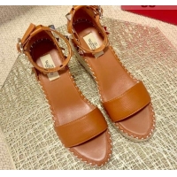 Unique Style Valentino Double Rockstud Grainy Calfskin Wedge Sandals 070876 Brown