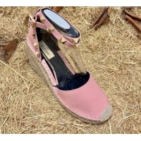 Top Design Valentino Double Rockstud Grainy Calfskin Wedge Espadrillas 6.5cm 070881 Pink