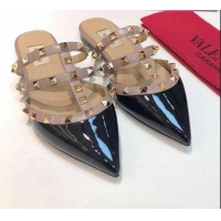 Luxury Cheap Valentino Rockstud Patent Leather Flat Mules 071326 Black 2021