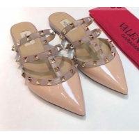 Good Looking Valentino Rockstud Patent Leather Flat Mules 071326 Nude 2021