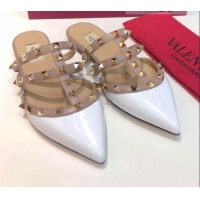 Feminine Valentino Rockstud Patent Leather Flat Mules 071326 White 2021