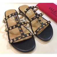 Stylish Valentino Rockstud Triple Leather Flat Slide Sandals 071335 Black 2021