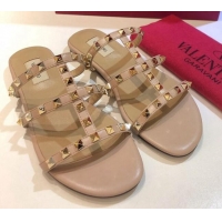 Good Quality Valentino Rockstud Triple Leather Flat Slide Sandals 071335 Nude 2021