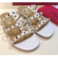 Grade Quality Valentino Rockstud Triple Leather Flat Slide Sandals 071335 White 2021