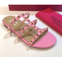 Super Quality Valentino Rockstud Triple Leather Flat Slide Sandals 071338 Pink 2021