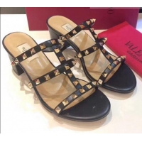 Top Quality Valentino Rockstud Triple Leather Heeled Slide Sandals 6.5cm 071340 Black 2021