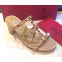 Good Quality Valentino Rockstud Triple Leather Heeled Slide Sandals 6.5cm 071340 Nude 2021