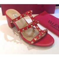 New Style Valentino Rockstud Triple Leather Heeled Slide Sandals 6.5cm 071340 Red 2021