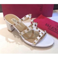 Top Quality Valentino Rockstud Triple Leather Heeled Slide Sandals 6.5cm 071340 White 2021