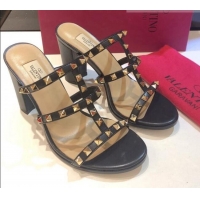 Good Product Valentino Rockstud Triple Leather Heeled Slide Sandals 9.5cm 071344 Black 2021