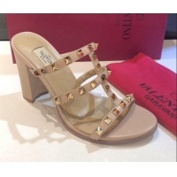 Unique Grade Valentino Rockstud Triple Leather Heeled Slide Sandals 9.5cm 071344 Nude 2021