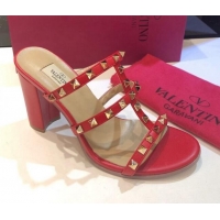 Fashion Valentino Rockstud Triple Leather Heeled Slide Sandals 9.5cm 071344 Red 2021