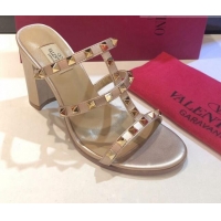 Perfect Valentino Rockstud Triple Leather Heeled Slide Sandals 9.5cm 071344 Dusty Pink 2021