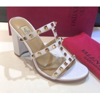 Most Popular Valentino Rockstud Triple Leather Heeled Slide Sandals 9.5cm 071344 White