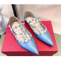  Famous Valentino Rockstud Matte Leather Ballet Flat 071379 Blue 2021