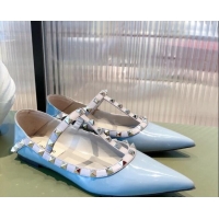  Famous Valentino Rockstud Matte Leather Ballet Flat 071379 Blue 2021