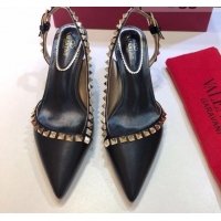 Perfect Valentino Rockstud Leather Open Pumps 6.5cm 071386 Black 2021