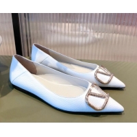 Best Price Valentino Silver VLogo Grained Leather Ballet Flat 071387 White