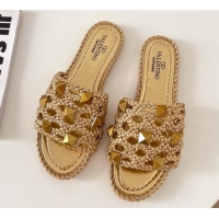 Top Quality Valentino Roman Stud Flat Slide Sandals in Woven Leather 081137 Gold 2021