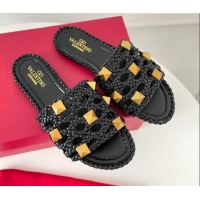 Good Product Valentino Roman Stud Flat Slide Sandals in Woven Leather 081138 Black