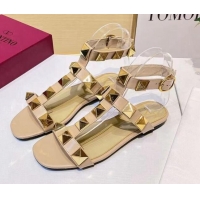 Super Quality Valentino Roman Stud Calfskin Strap Flat Sandals 081316 Beige 2021