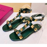 Top Quality Valentino Roman Stud Calfskin Strap Flat Sandals 081316 Green 2021