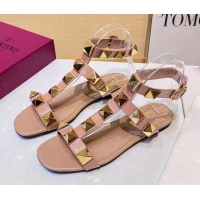 Best Luxury Valentino Roman Stud Calfskin Strap Flat Sandals 081316 Nude Pink