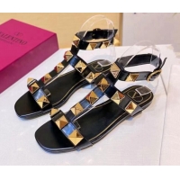 Low Cost Valentino Roman Stud Calfskin Strap Flat Sandals 081316 Black