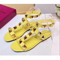 Good Quality Valentino Roman Stud Calfskin Strap Flat Sandals 081316 Yellow