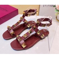 Shop Valentino Roman Stud Calfskin Strap Flat Sandals 081316 Burgundy