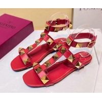 Most Popular Valentino Roman Stud Calfskin Strap Flat Sandals 081316 Red