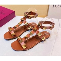 Reasonable Price Valentino Roman Stud Calfskin Strap Flat Sandals 081316 Brown