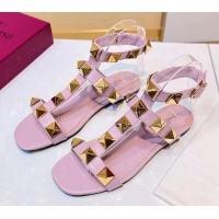 Unique Grade Valentino Roman Stud Calfskin Strap Flat Sandals 081316 Light Pink