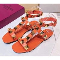 Pretty Style Valentino Roman Stud Calfskin Strap Flat Sandals 081316 Orange