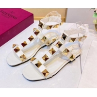 Grade Quality Valentino Roman Stud Calfskin Strap Flat Sandals 081316 White