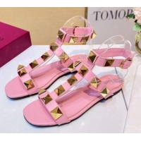 Good Looking Valentino Roman Stud Calfskin Strap Flat Sandals 081316 Pale Pink