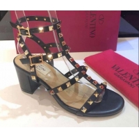 Best Grade Valentino Rockstud Calfskin Ankle Strap Sandals 6.5cm 082050 Black/Gold