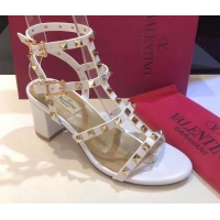 Good Quality Valentino Rockstud Calfskin Ankle Strap Sandals 6.5cm 082052 White