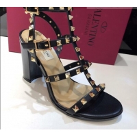 Duplicate Valentino Rockstud Calfskin Ankle Strap Sandals 9.5cm 082056 Black/Gold