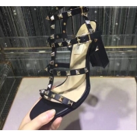 Discount Valentino Rockstud Calfskin Ankle Strap Sandals 9.5cm 082056 Black/Aged Silver