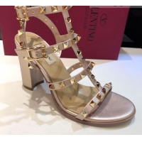 Good Quality Valentino Rockstud Calfskin Ankle Strap Sandals 9.5cm 082056 Gold