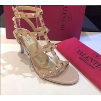 Famous Valentino Rockstud Calfskin Ankle Strap Sandals 6.5cm 082062 Nude