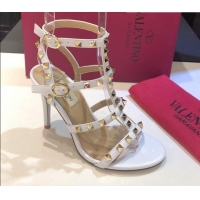 Classic Hot Valentino Rockstud Calfskin Ankle Strap Sandals 9.5cm 082066 White