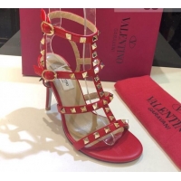 Top Quality Valentino Rockstud Calfskin Ankle Strap Sandals 9.5cm 082066 Red